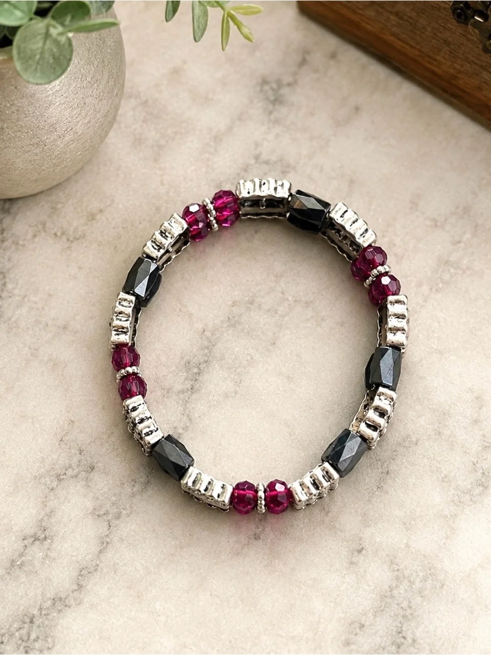 Black/Burgundy/Silver Magnetic Stretchy Bracelet - Picture 5 of 5